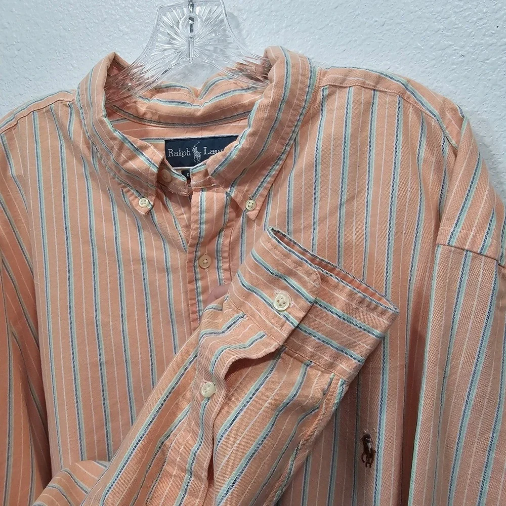 Ralph Lauren‎ Button Front Longsleeve Orange and Blue Stripe Polo Men's 3XLT